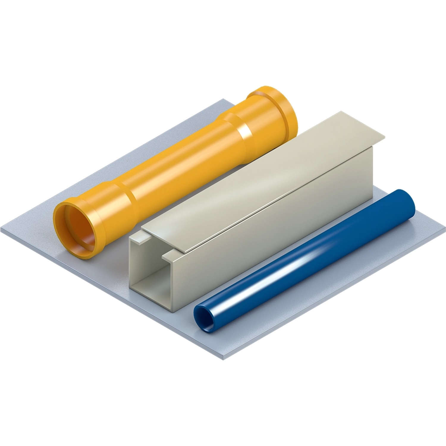 Rohre und Profile in Gelb, Grau und Blau auf grauer Fläche.