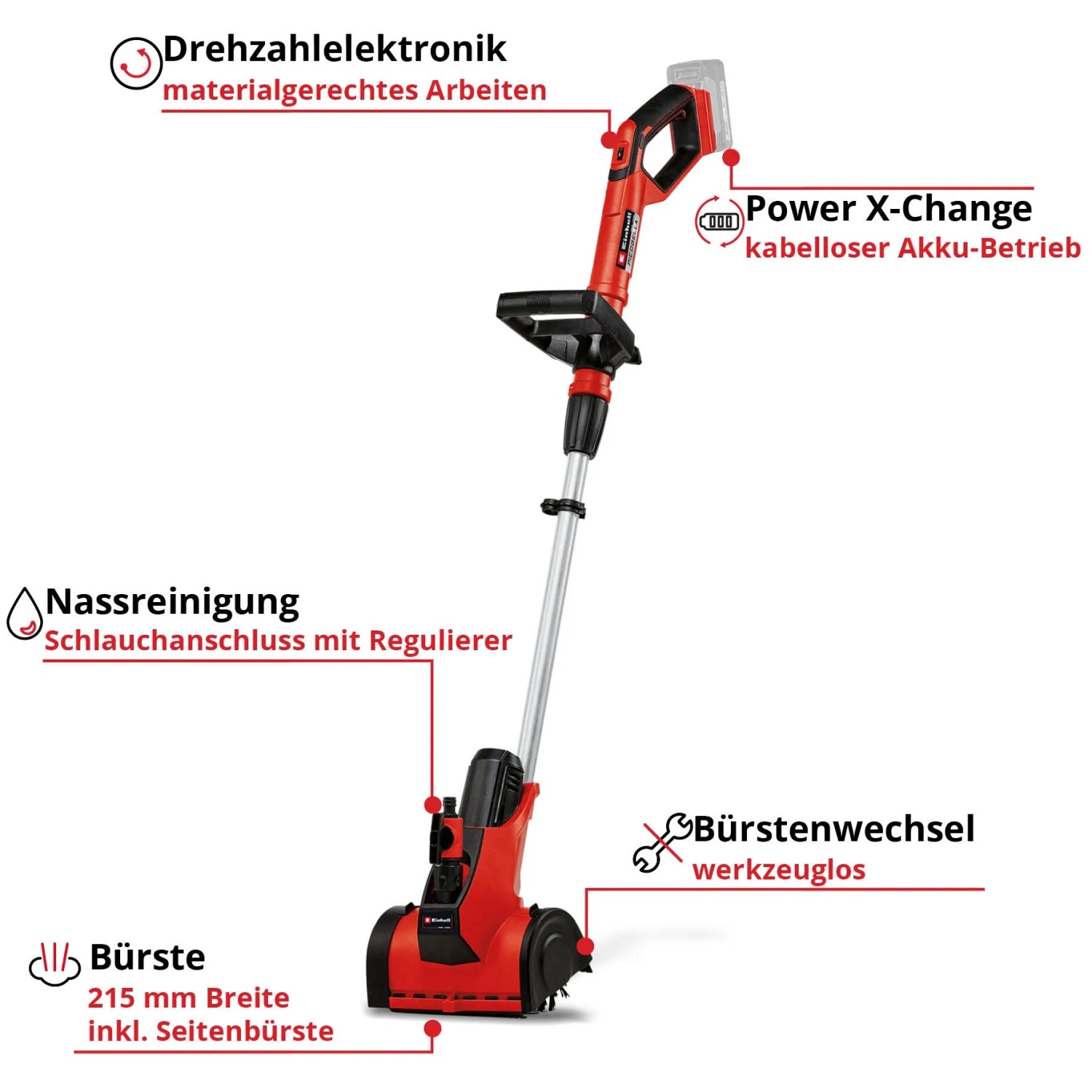 Einhell Akku-Oberflächenbürste PICOBELLA 18/215 für Stein, Holz & Kunstrasen. Rot, mit Akku. Für die Gartenreinigung.