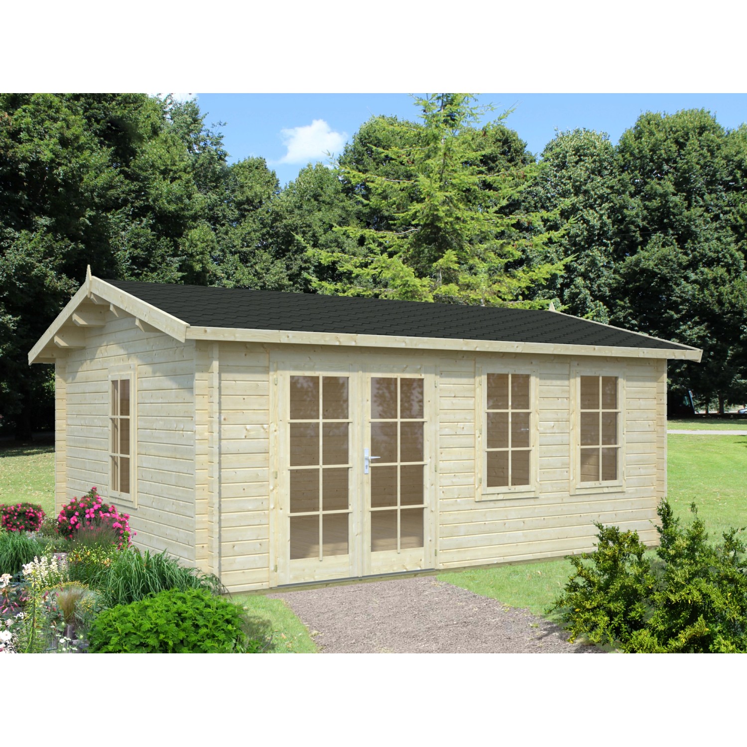 Hellbraunes Palmako Iris Holz-Gartenhaus mit Satteldach und Doppeltür, 510x390 cm.