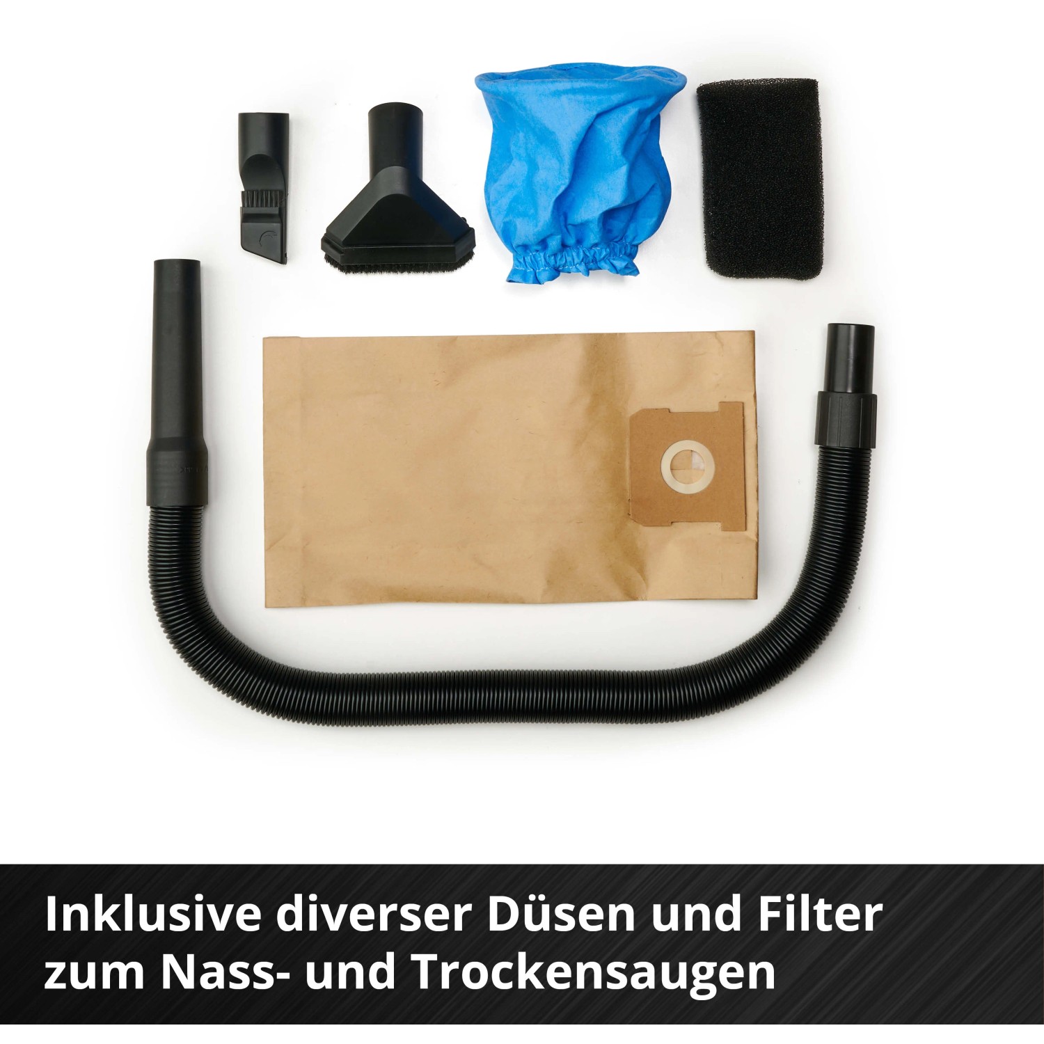 Zubehör für Einhell Akku-Nass-Trockensauger: Düsen, Filter und Schlauch.