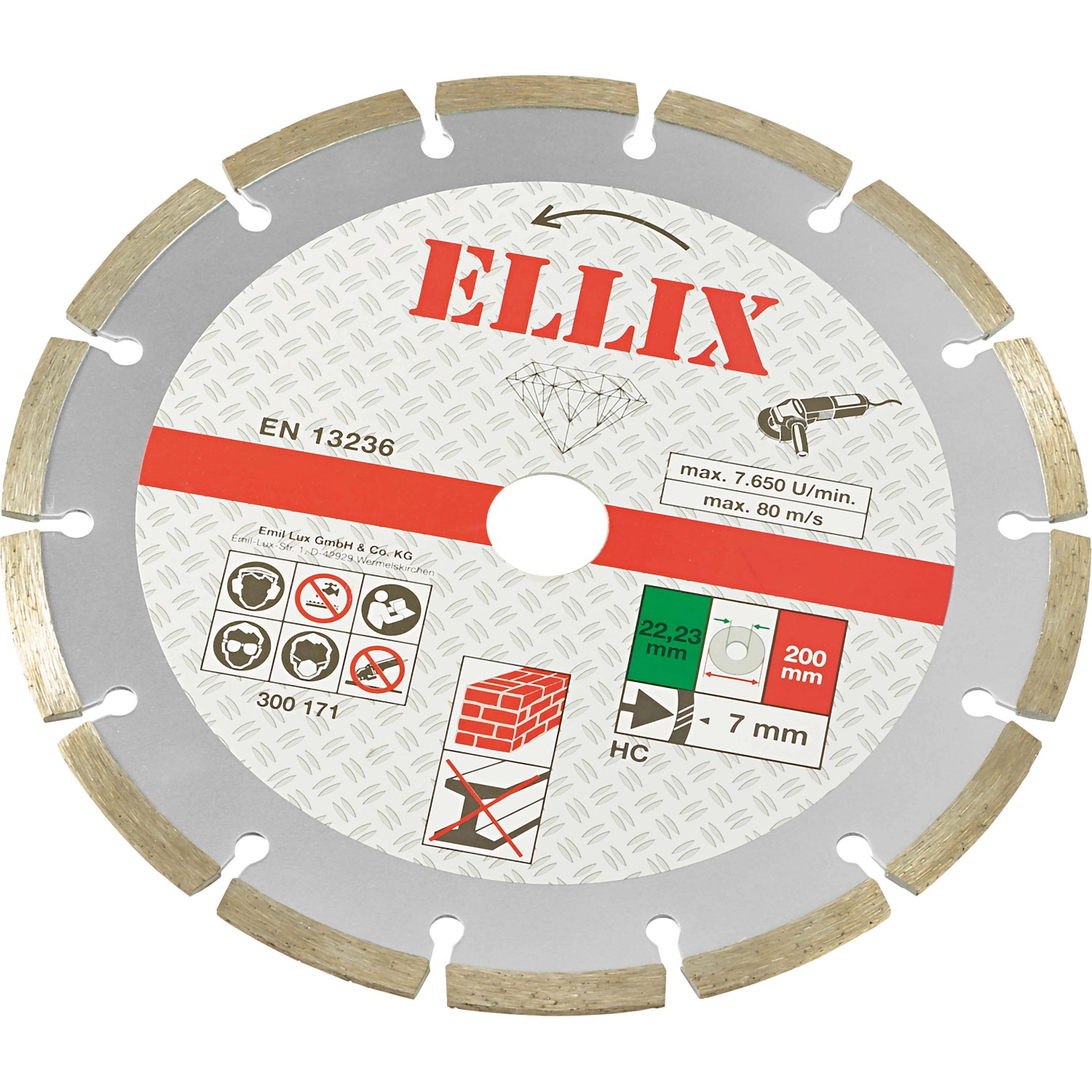 Diamant-Trennscheibe, segmentiert, 200 mm Durchmesser für Steinbearbeitung mit Winkelschleifer.