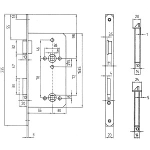 Technische Zeichnung WC-Schloss gefälzt DIN rechts Edelstahl mit Maßen.