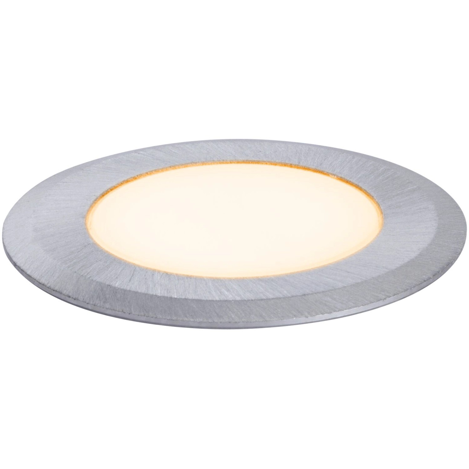 Runder Paulmann LED Bodeneinbaustrahler für Außen, insektenfreundlich, silberfarben.