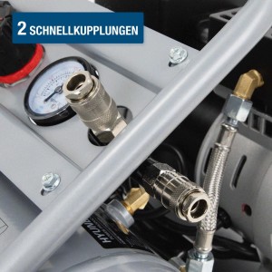 HYUNDAI Silent Kompressor: Zwei Schnellkupplungen und Manometer. Detail der Anschlüsse am grauen Gerät.