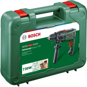 Bosch UniversalImpact 730 Schlagbohrmaschine im grünen Koffer.