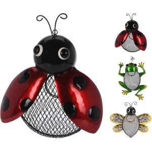Dekorative Vogelfutterhalter als Marienkäfer, Frosch und Biene für den Garten.