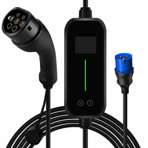 Schwarze Junsun 7kW mobile EV Ladestation mit Typ 2 Stecker, LCD-Display und blauem CEE-Stecker.