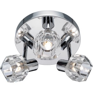 Chromfarbiger Halogen-Spot Sarentino mit drei Glasleuchten, Durchmesser ca. 19 cm.