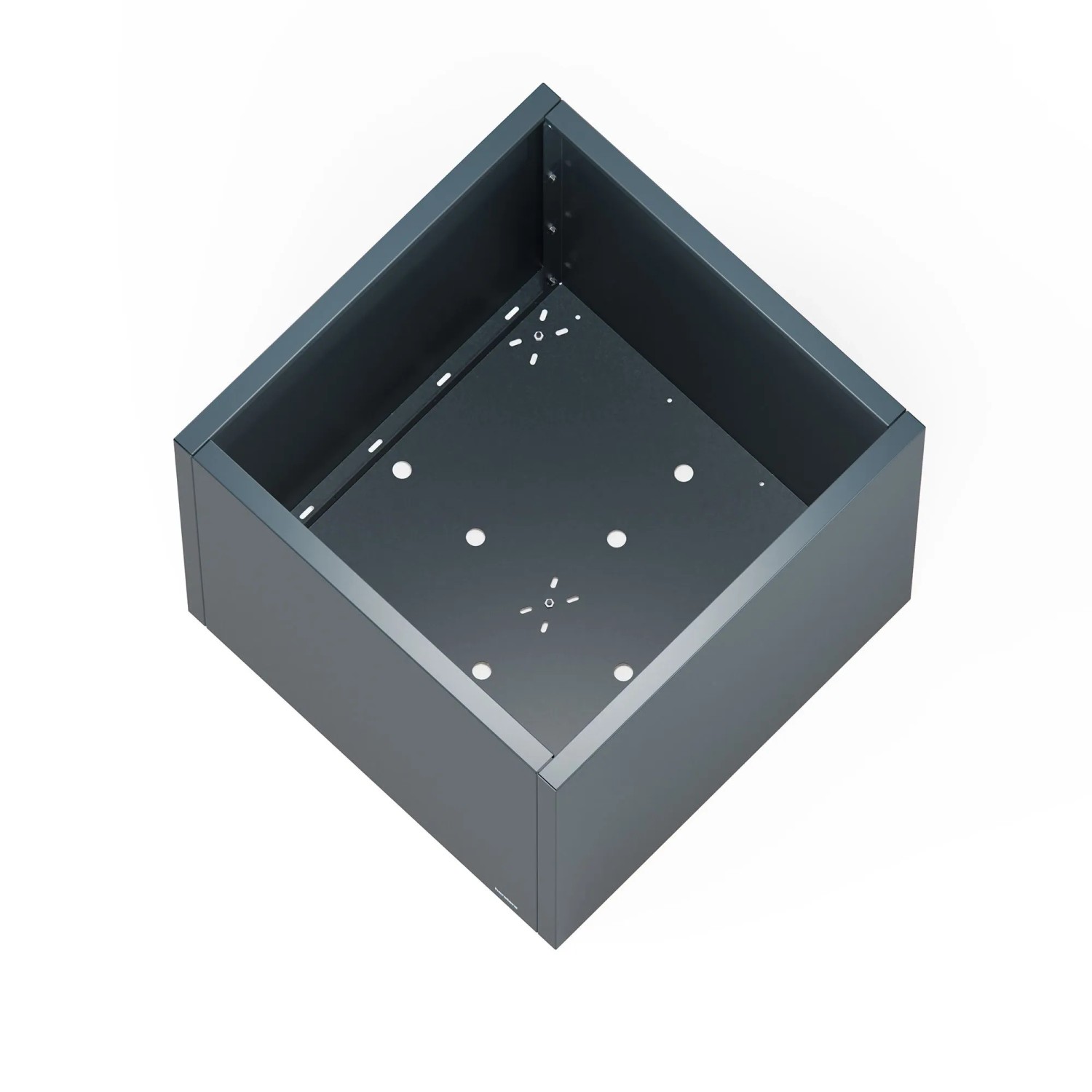Anthrazitfarbener, quadratischer Herstera Garden Pflanzkübel Cube aus Metall, 80x80x80 cm.