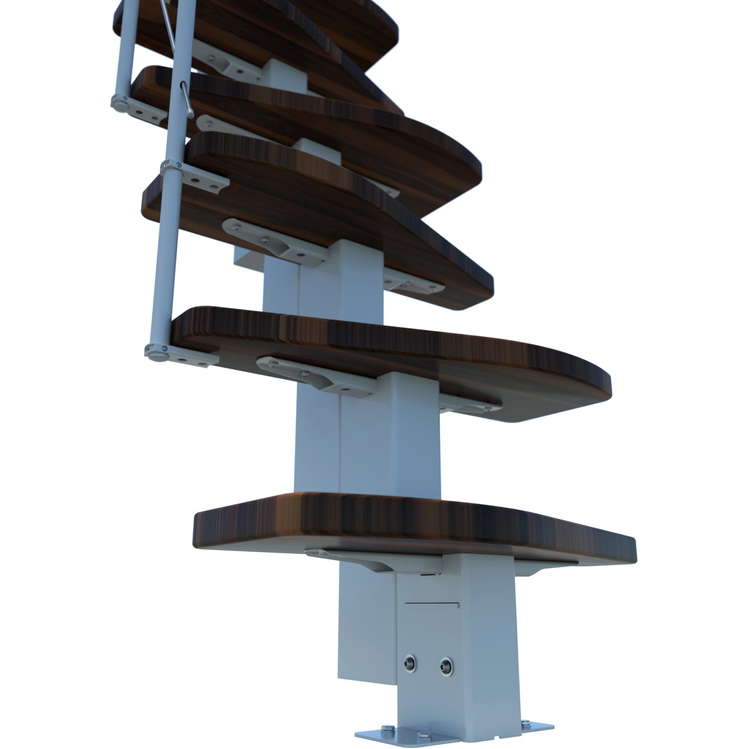 Minka Raumspartreppe Quatro in Walnuss/Weiß, Detailansicht der Holzstufen und der weißen Metallkonstruktion.