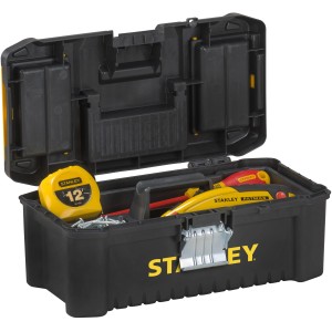 Offene Stanley Werkzeugbox Essential 12,5 Zoll mit Werkzeug und Organizer im Deckel.