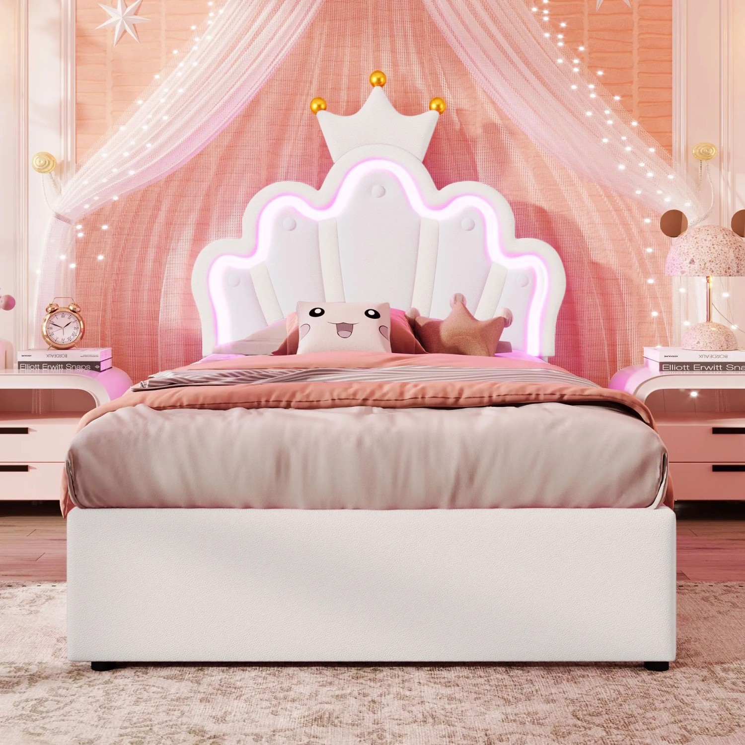 okwish Polsterbett 90x200cm mit LED Licht Schubladen Weiß ohne Matratze_3