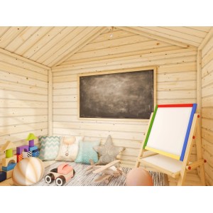 Innenansicht: Weißes Palmako Spielhaus Felix mit Spielzeug und Tafel.