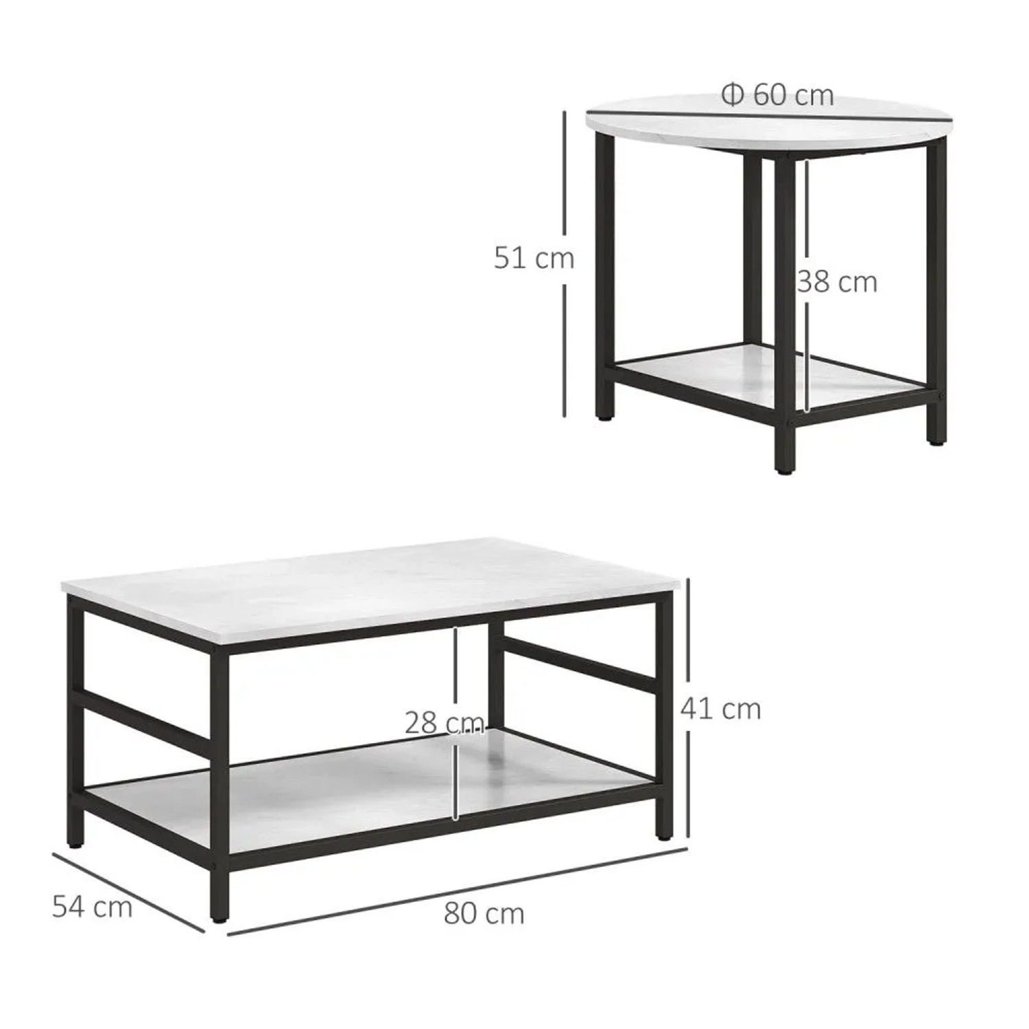 HOMCOM Beistelltisch-Set: rechteckiger Couchtisch und runder Tisch mit schwarzem Stahlgestell, weißer Marmoroptik und Ablage.