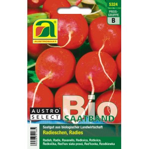 Bio Saatband Radieschen 'Wiener Rotes Treib' von Austroselect. Rote, runde Radieschen auf der Packung.