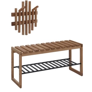 Garderobenset P57 aus Eiche: Sitzbank mit Schuhablage und Wandpaneel mit Haken.