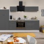 Respekta Premium Küchenzeile 300 cm in Grau Hochglanz und Weiß mit E-Geräten.