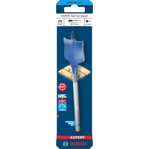 Bosch Flachfräsbohrer Expert Self Cut Speed, 28 mm, blau-silber, in Verpackung.