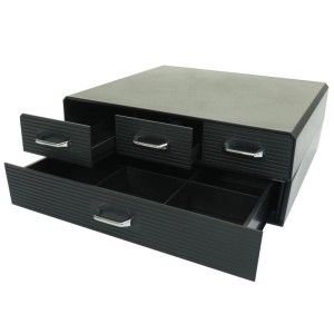 Schwarze Schubladenbox für Kaffeekapseln/Teebeutel mit 4 Schubladen und 15 Fächern.