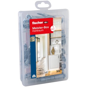 Fischer Meister-Box Hohlraumdübel & Schrauben, 50-teilig, in transparenter Kunststoffbox.