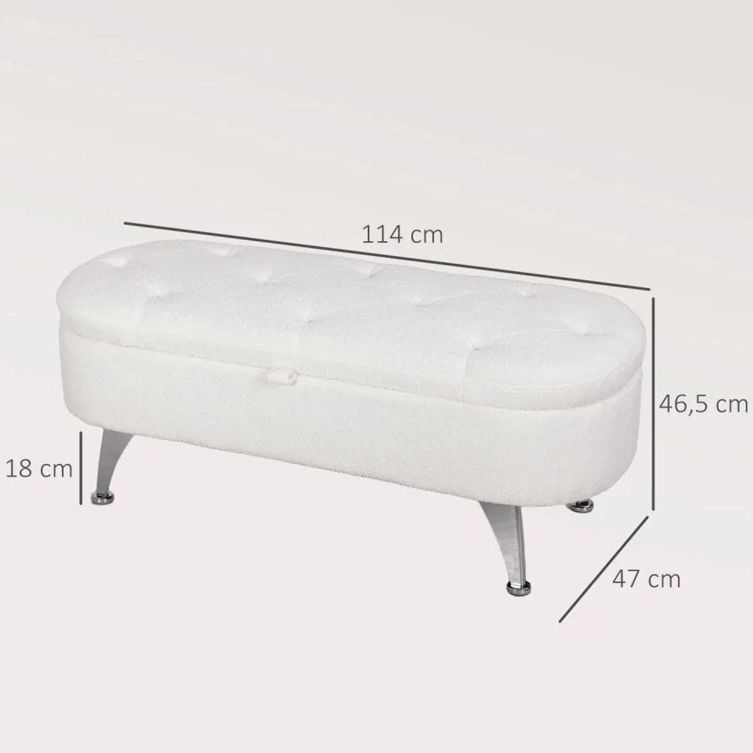 Weiße HOMCOM Sitzbank mit Stauraum, oval, getuftet, Metallbeine. Maße: 114x47x46,5 cm.