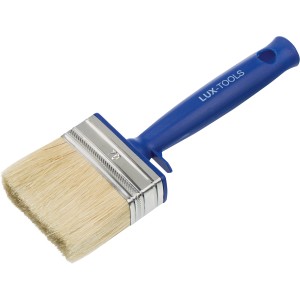 LUX Flächenstreicher Dispersion, 70 mm breit, mit blauem Kunststoffgriff und hellem Borstenkopf.