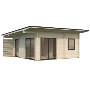 Modernes, naturbelassenes Palmako Ferienhaus Cecilia 540x540 cm mit großen Fensterfronten.