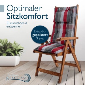 Beautissu Premium Hochlehnerauflage, grau-rot-hellblau kariert, 7cm dick gepolstert auf Holz-Gartenstuhl.