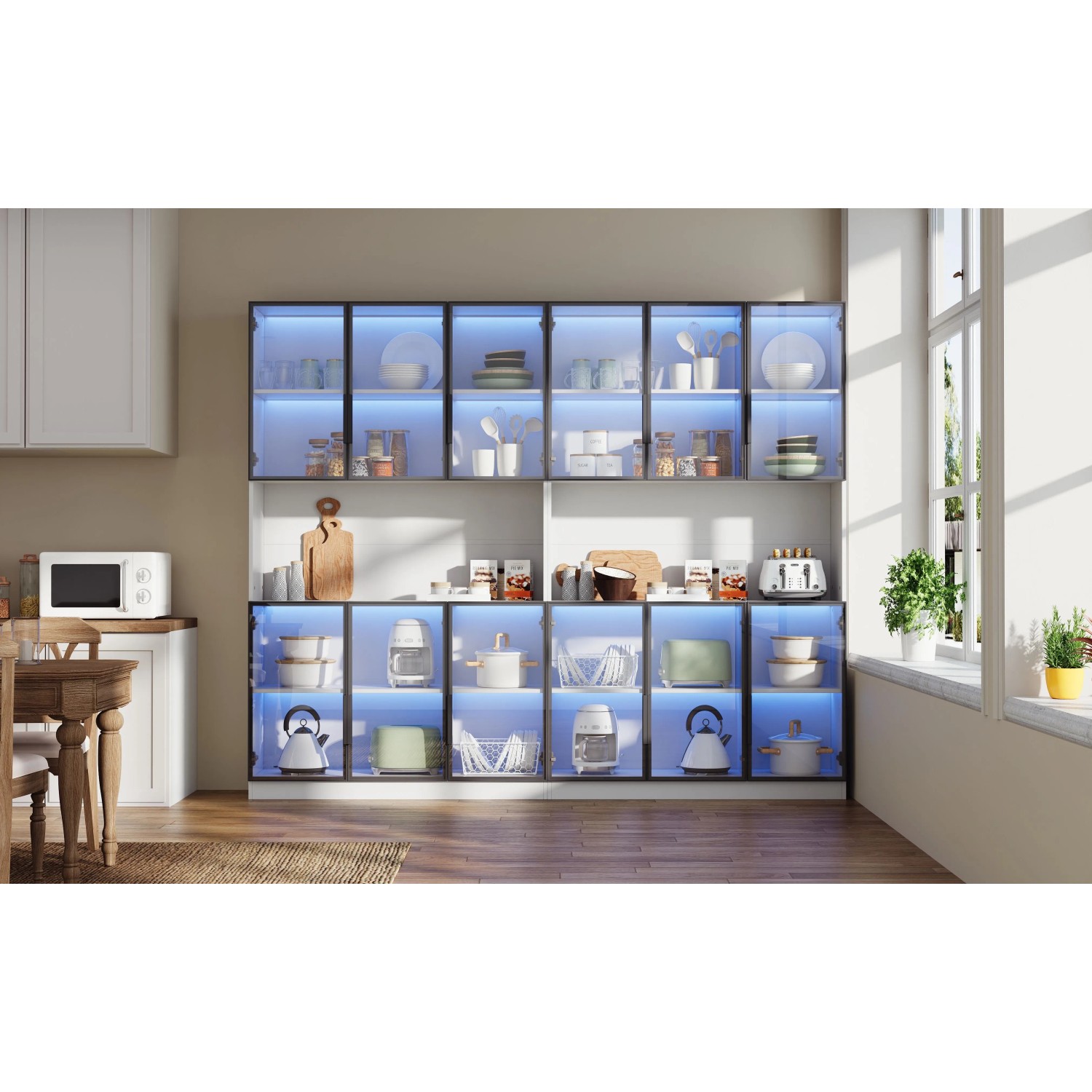 okwish Vitrine mit LED Beleuchtung Schranktüren Stauraum Wohnzimmer 240x34x200cm Weiß_10