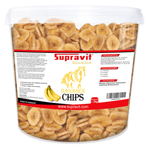 Supravit Bananenchips Pferdeleckerli: getrocknete Bananenscheiben in transparentem Eimer, 2kg.