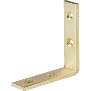 Gleichschenkliger Konstruktionswinkel, gelb verzinkt, 80x80x20 mm, mit Löchern zum Anschrauben.