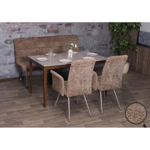MCW Essgruppe: 2 Stühle, Sitzbank 160cm, brauner Chenille-Stoff, Edelstahlgestell.
