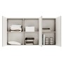 Graubeiges Selsey Sideboard Arkadia, dreitürig, offene Fächer mit Textilien und Büchern. Kommode mit Stauraum.
