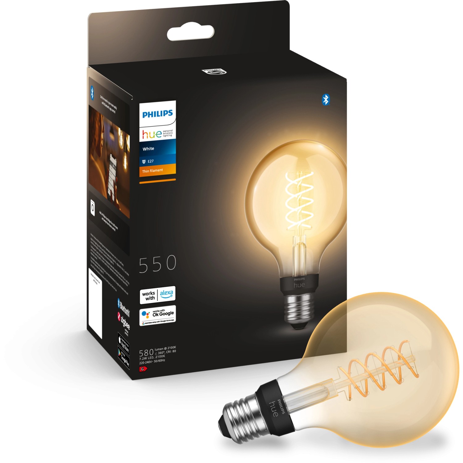 Philips Hue LED-Lampe E27 G93 Filament, warmweiß, 550 lm, mit Verpackung.