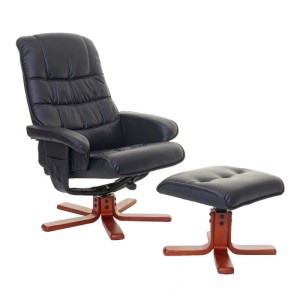 Schwarzer Relaxsessel mit Hocker aus Kunstleder, drehbar und neigbar.