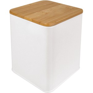 Kleine Wolke Dose Cassone, weiße Metallbox mit Bambusdeckel zur Aufbewahrung von Badutensilien.