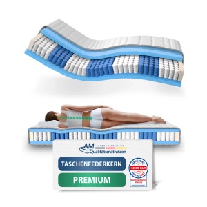 AM Qualitätsmatratze Premium Taschenfederkern, 180x200cm, H5, mit Liegeprobe und Matratzenaufbau.