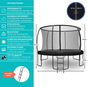 Zero Gravity Trampolin Outdoor 427cm TÜV GS Smartes Klappnetz mit Leiter und Bodenanker