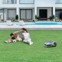 Dreame Mähroboter A2 2000 im Einsatz: Familie entspannt im Garten, während der Roboter mäht.