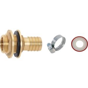 Geka Regentonnenanschluss-Set mit Messing-Tülle, Schlauchschelle und Dichtungsband für Regentonnen.