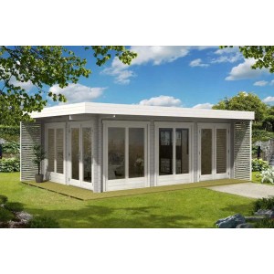 Modernes, graues Alpholz Gartenhaus Viva B mit Flachdach und Anbaudach im Garten.
