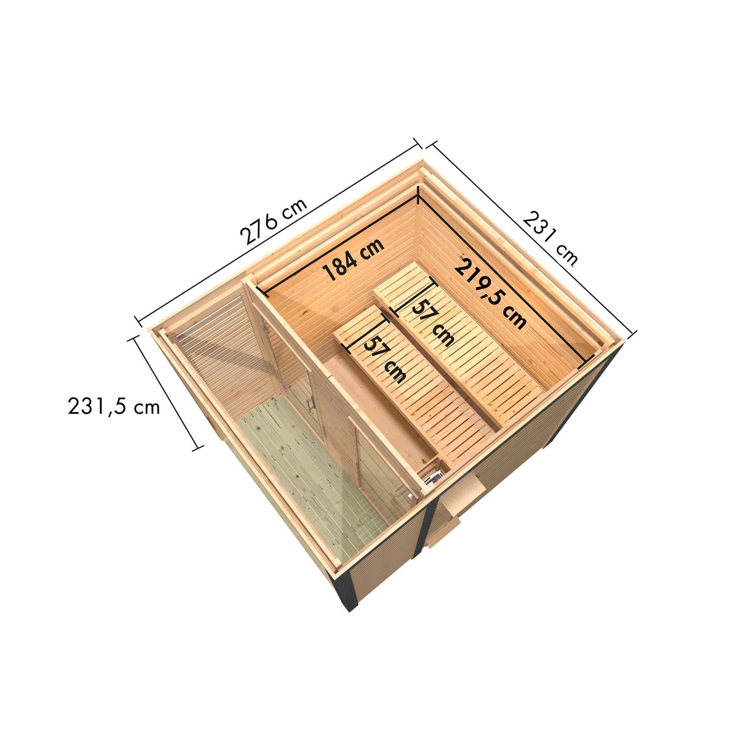 Draufsicht Karibu Saunahaus Seros 2 mit Maßen, naturbelassen/graualuminium, mit Terrasse.