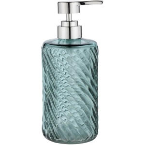 Türkiser Wenko Seifenspender Mandrione aus Glas mit Reliefmuster und silberfarbenem Spenderkopf.