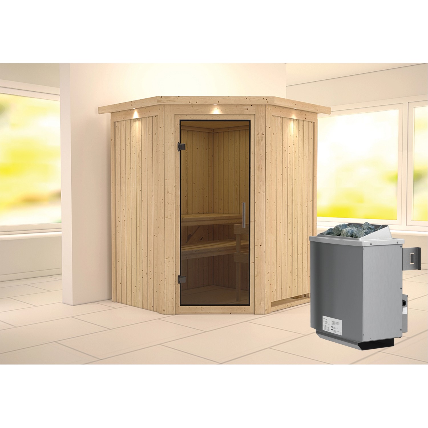 Karibu Sauna Lyra mit Ofen und Graphit-Tür. Massivholzsauna mit Dachkranz.