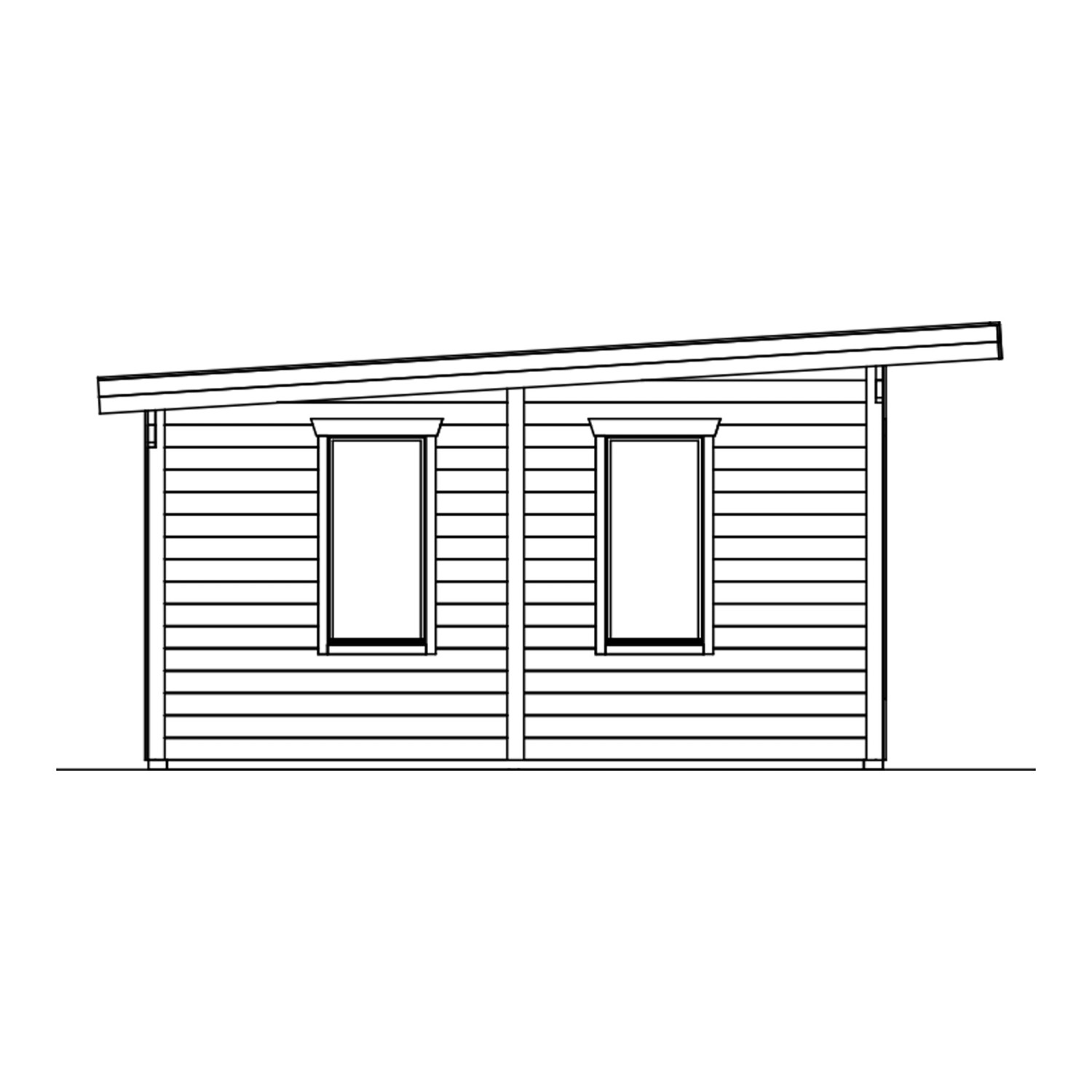 Illustration eines grauen Skan Holz Gartenhauses Arnheim mit zwei Fenstern und Pultdach.