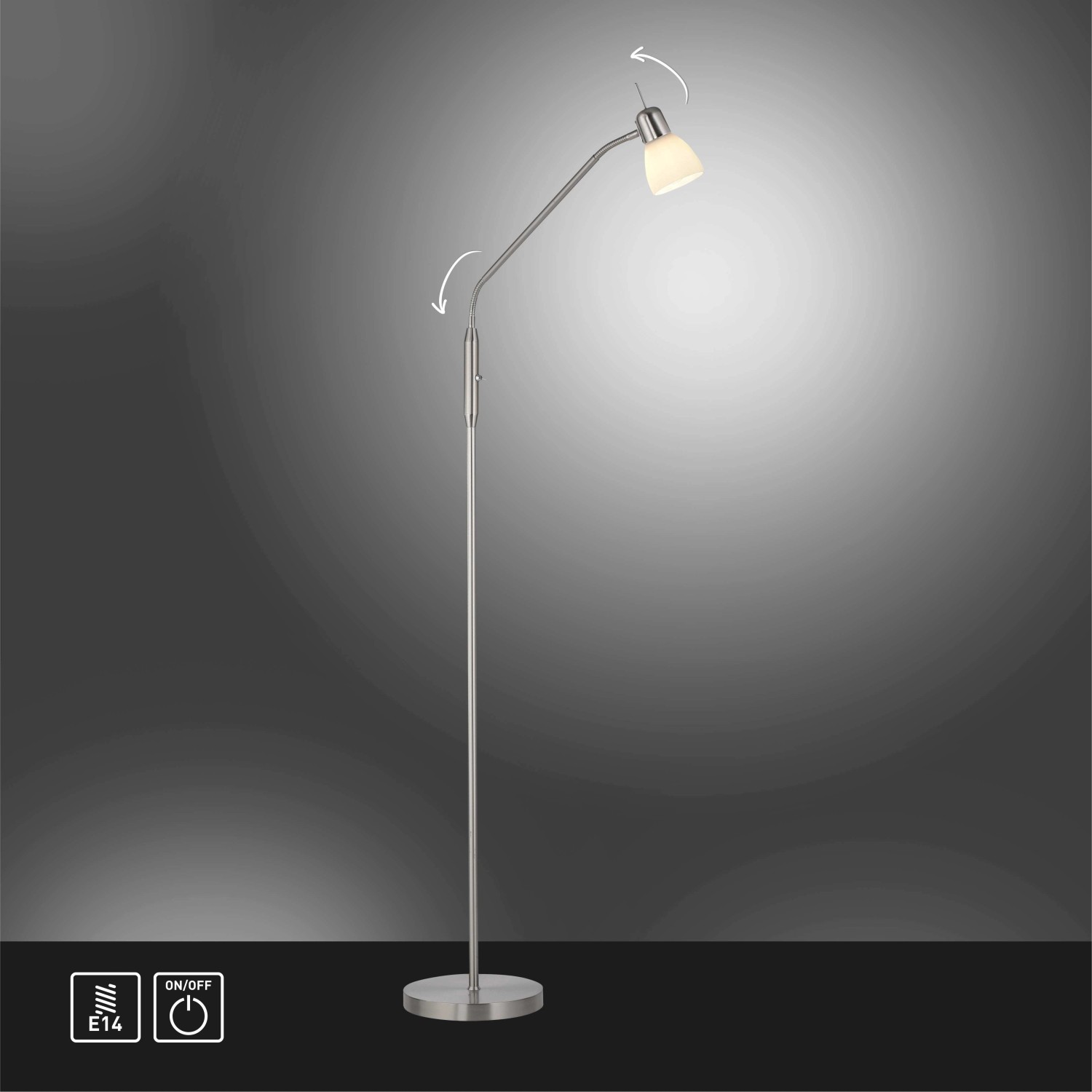 Stahlfarbene Design-Stehlampe Karo, höhenverstellbar und schwenkbar.