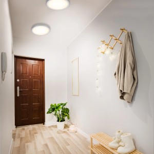 Szene mit Briloner LED Deckenleuchte, Chrom-Matt, 24,5W im Flur mit warmweisem Licht.