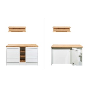 Respekta Kücheninsel Gabriel, 150 cm, Weiß Hochglanz, mit Schubladen, Regalen und Hängeregal.