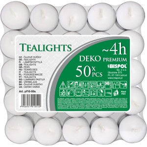 50 weiße Teelichter mit 4h Brenndauer für stimmungsvolle Beleuchtung im Innenbereich.