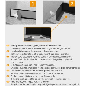 Anleitung zur Anbringung einer weißen, selbstklebenden Weichsockelleiste.